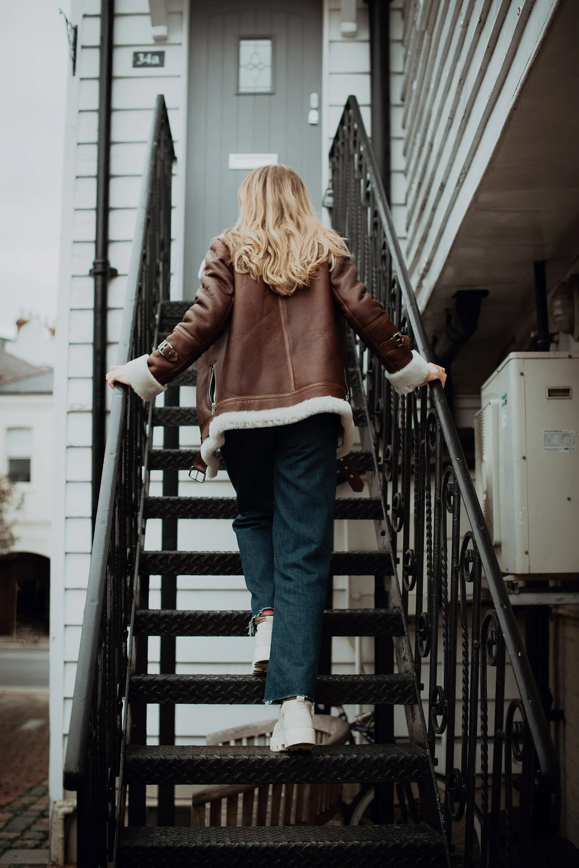 Shearling leather oversized aviator jacket in brown