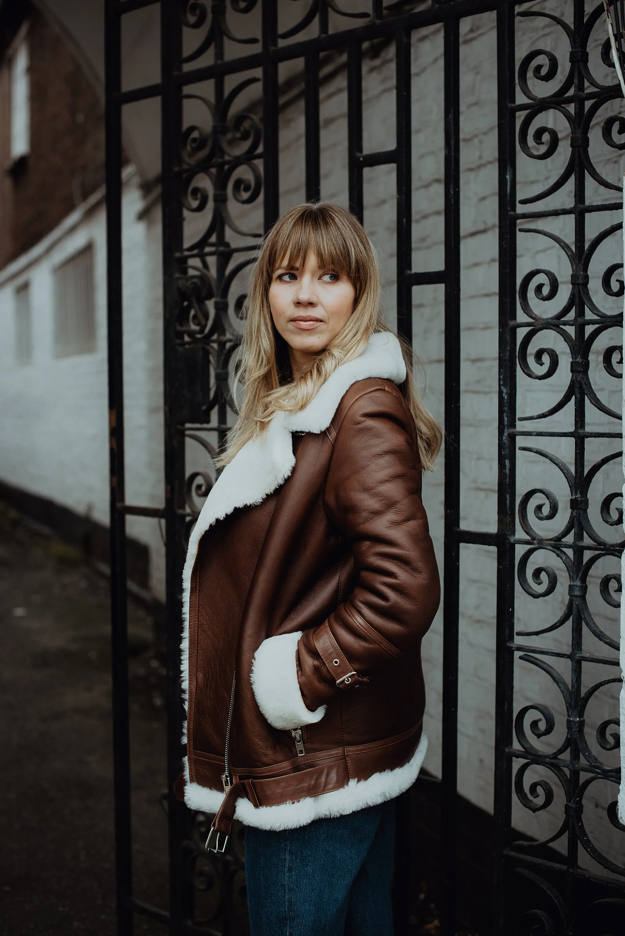 Shearling leather oversized aviator jacket in brown