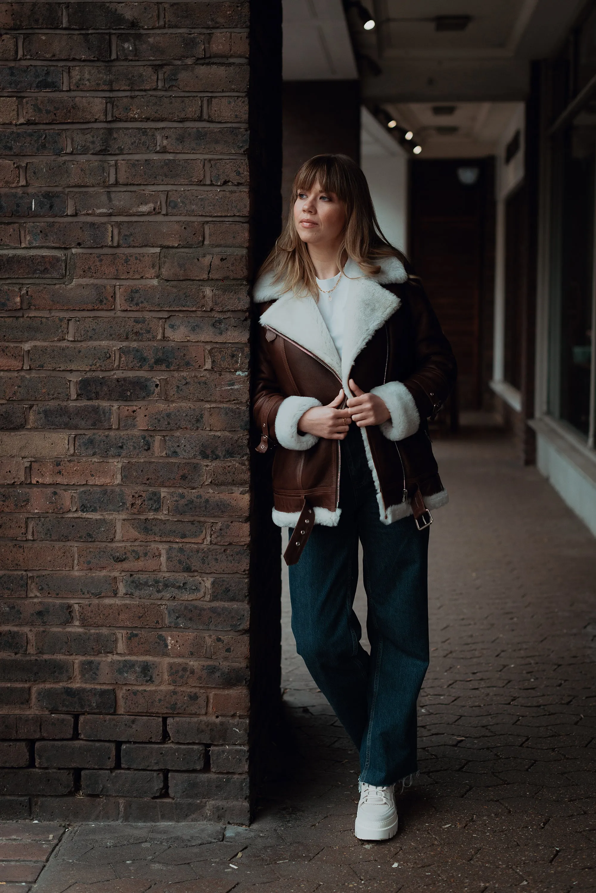 Shearling leather oversized aviator jacket in brown
