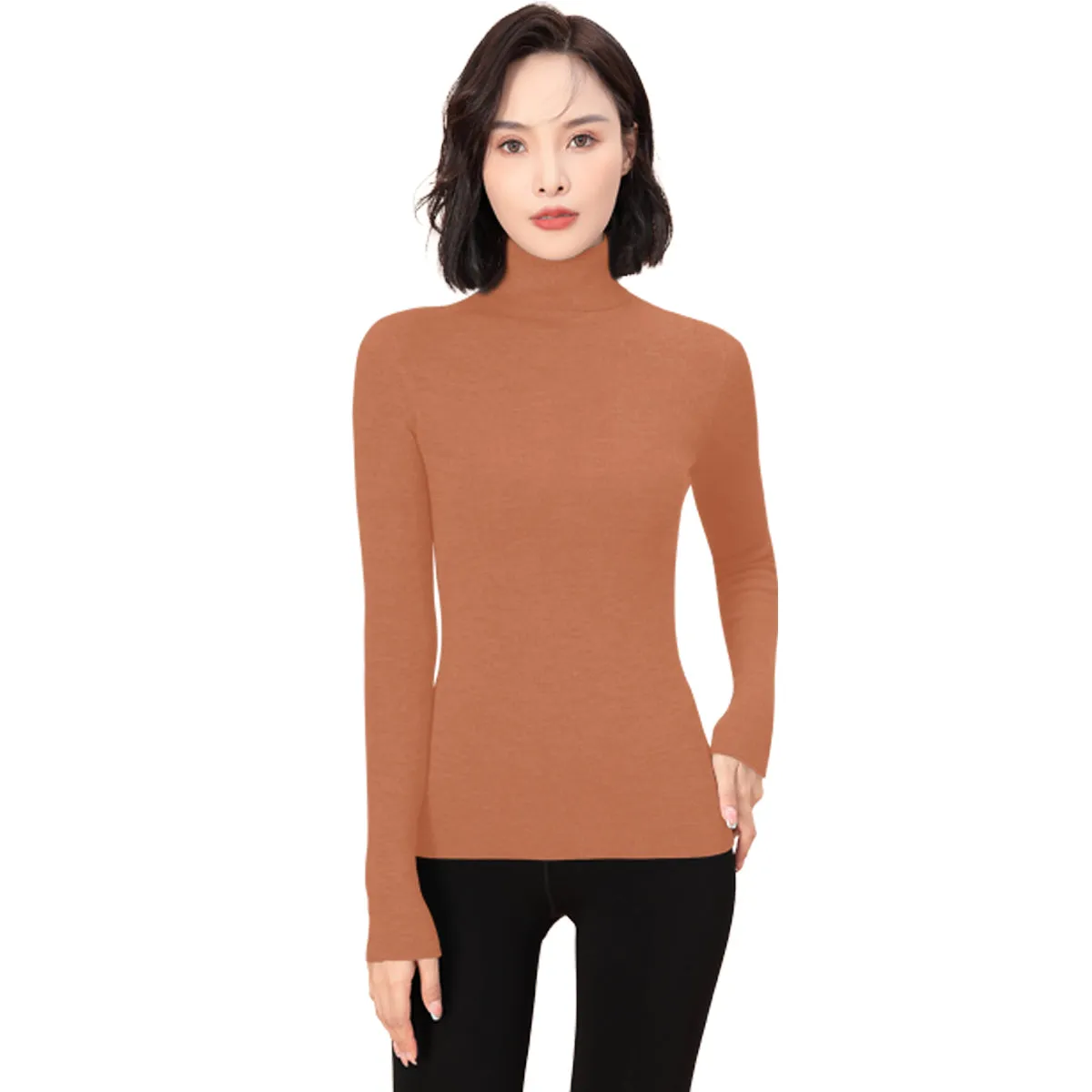 Sidiou Group Winter Thermal Underwear Top Fleece Basic Shirt Long Sleeve Seamless Knitted Woolen Warm Women Stand Collar Bottoming Shirt