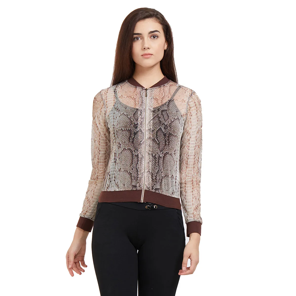 Snake Print Bomber Sheer Jacket with Zip Closure