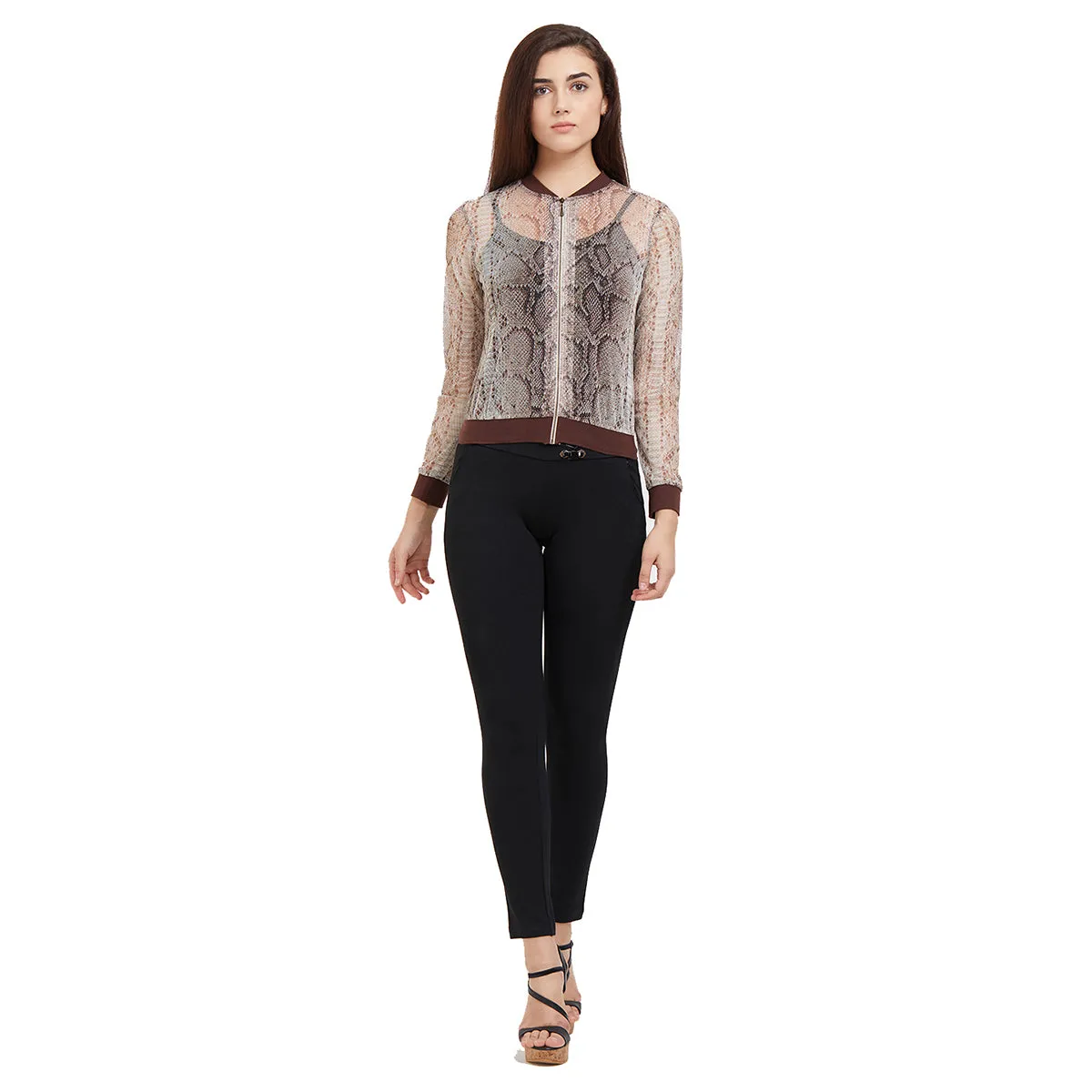 Snake Print Bomber Sheer Jacket with Zip Closure