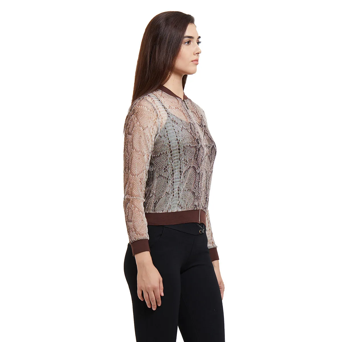Snake Print Bomber Sheer Jacket with Zip Closure