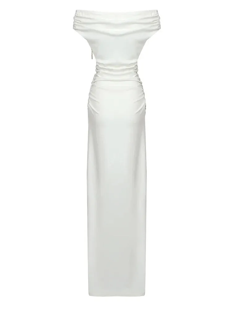 Solid Elegant Slimming Dresses For Women Slash Neck Short Sleeve High Waist Off Shoulder Temperament Dress Female Fashion