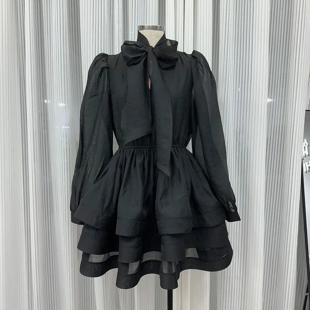 Solid Spliced Ruffles Slimming Dresses For Women V Neck Long Sleeve High Waist Patchwork Lace Up Dress Female Fashion New