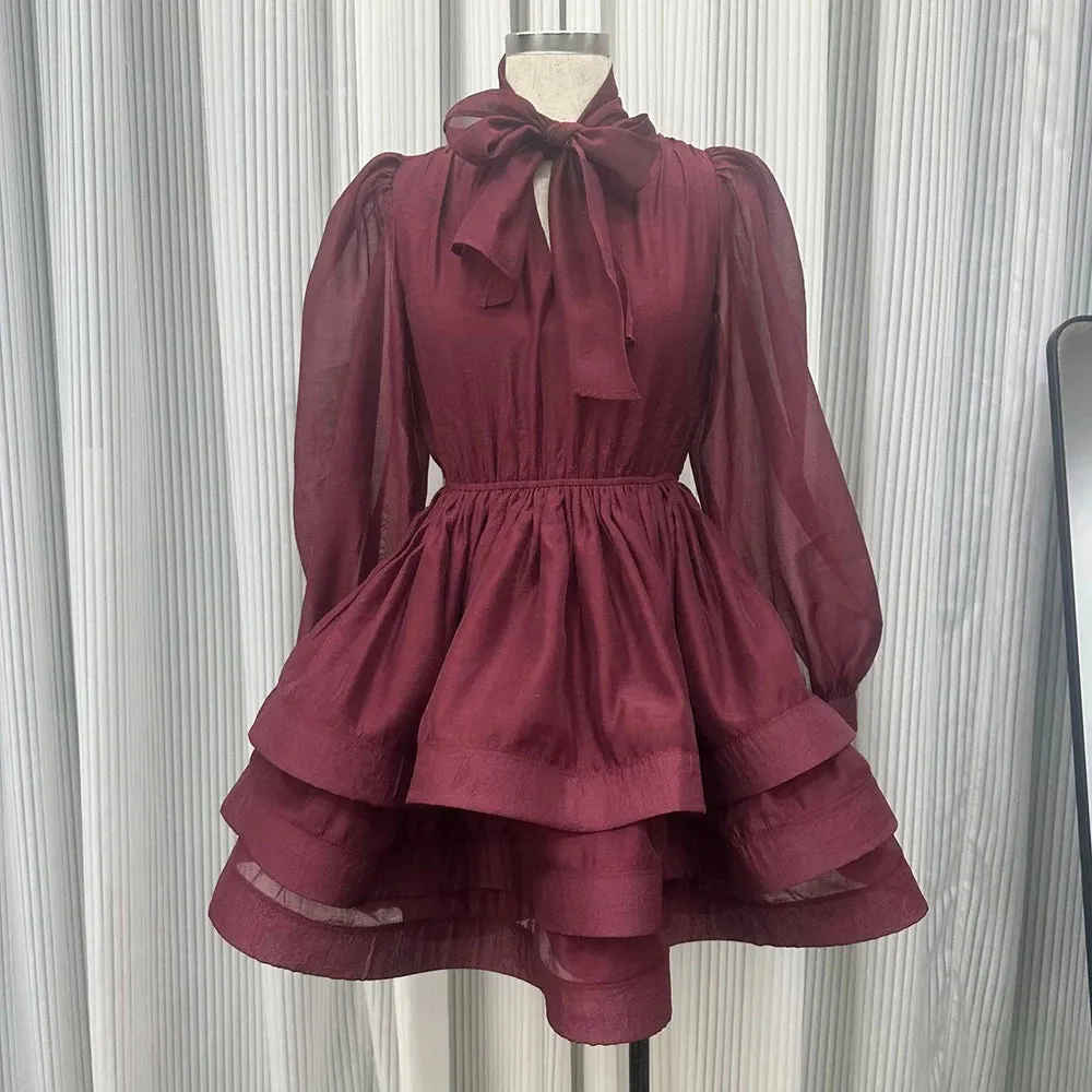 Solid Spliced Ruffles Slimming Dresses For Women V Neck Long Sleeve High Waist Patchwork Lace Up Dress Female Fashion New