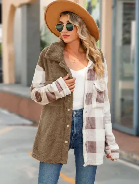 Spring Autumn Woman Faux Sherpa Plush Spliced Flannel Plaid Shirt