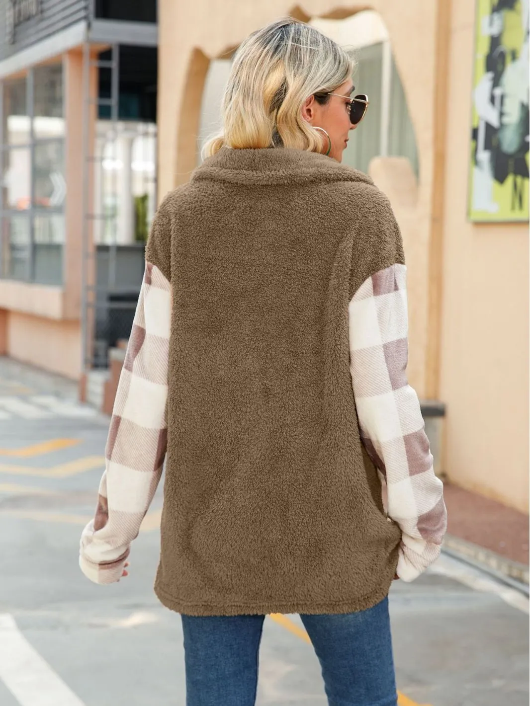 Spring Autumn Woman Faux Sherpa Plush Spliced Flannel Plaid Shirt