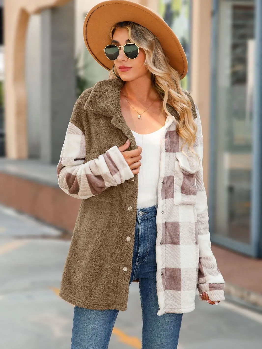 Spring Autumn Woman Faux Sherpa Plush Spliced Flannel Plaid Shirt
