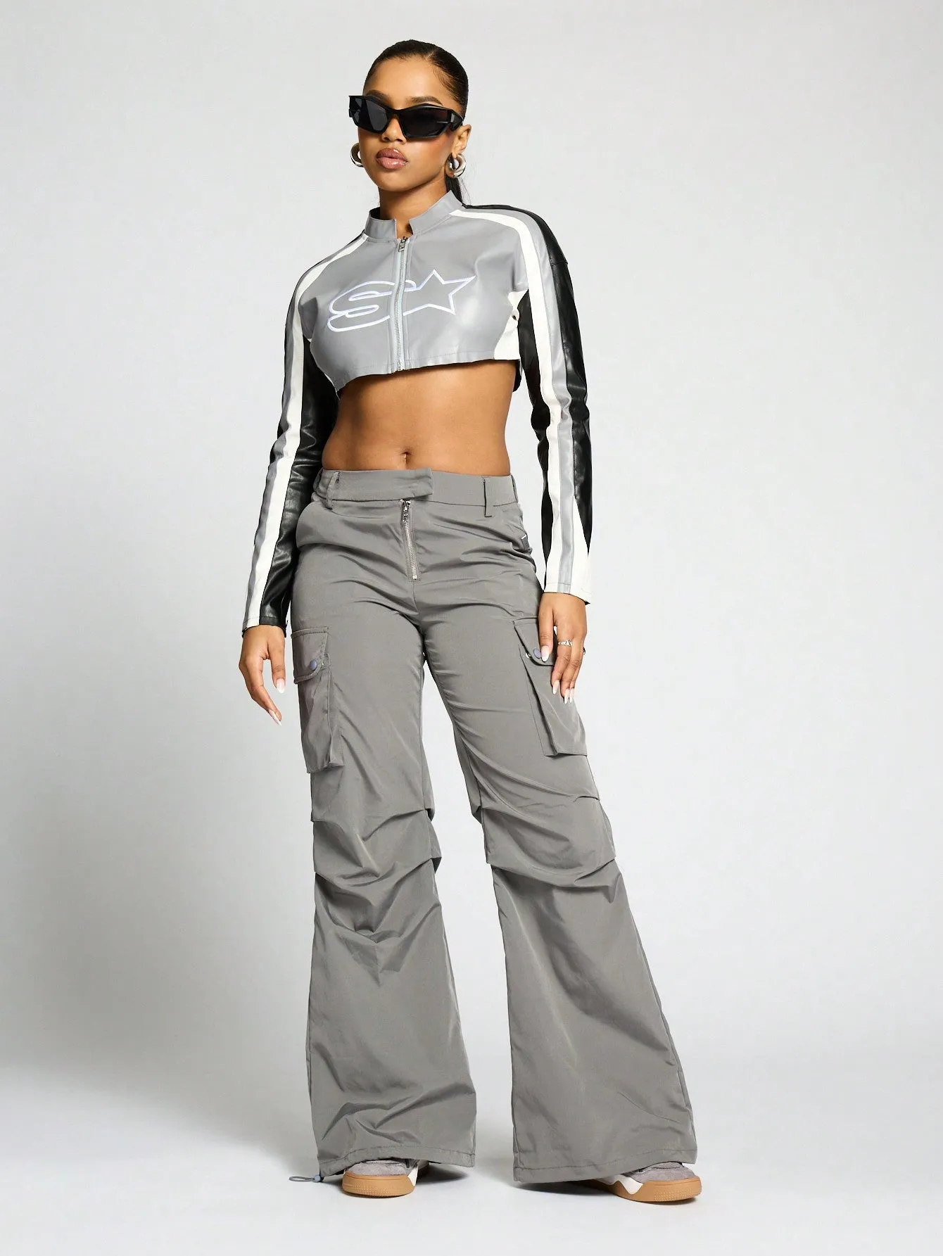 SUMWON WOMEN Colour Block Super Cropped PU Biker Jacket
