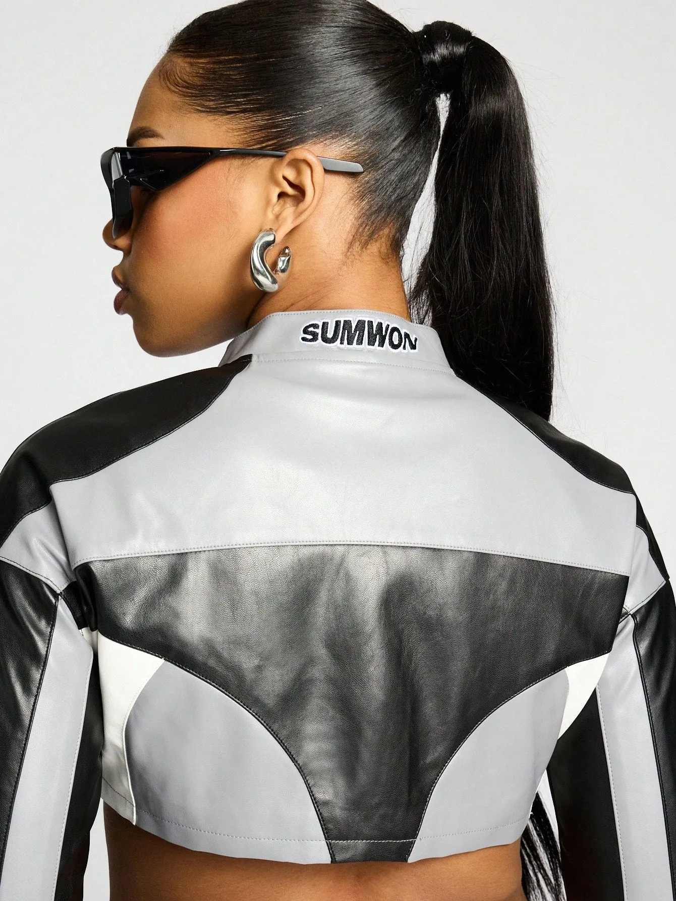 SUMWON WOMEN Colour Block Super Cropped PU Biker Jacket