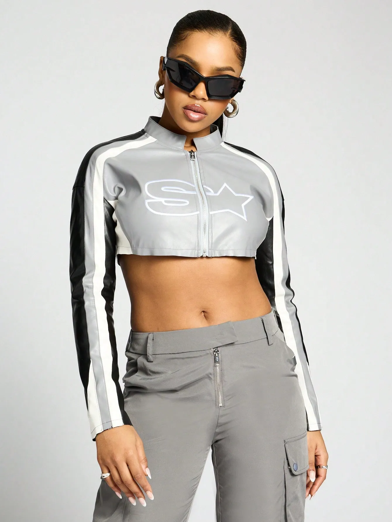 SUMWON WOMEN Colour Block Super Cropped PU Biker Jacket
