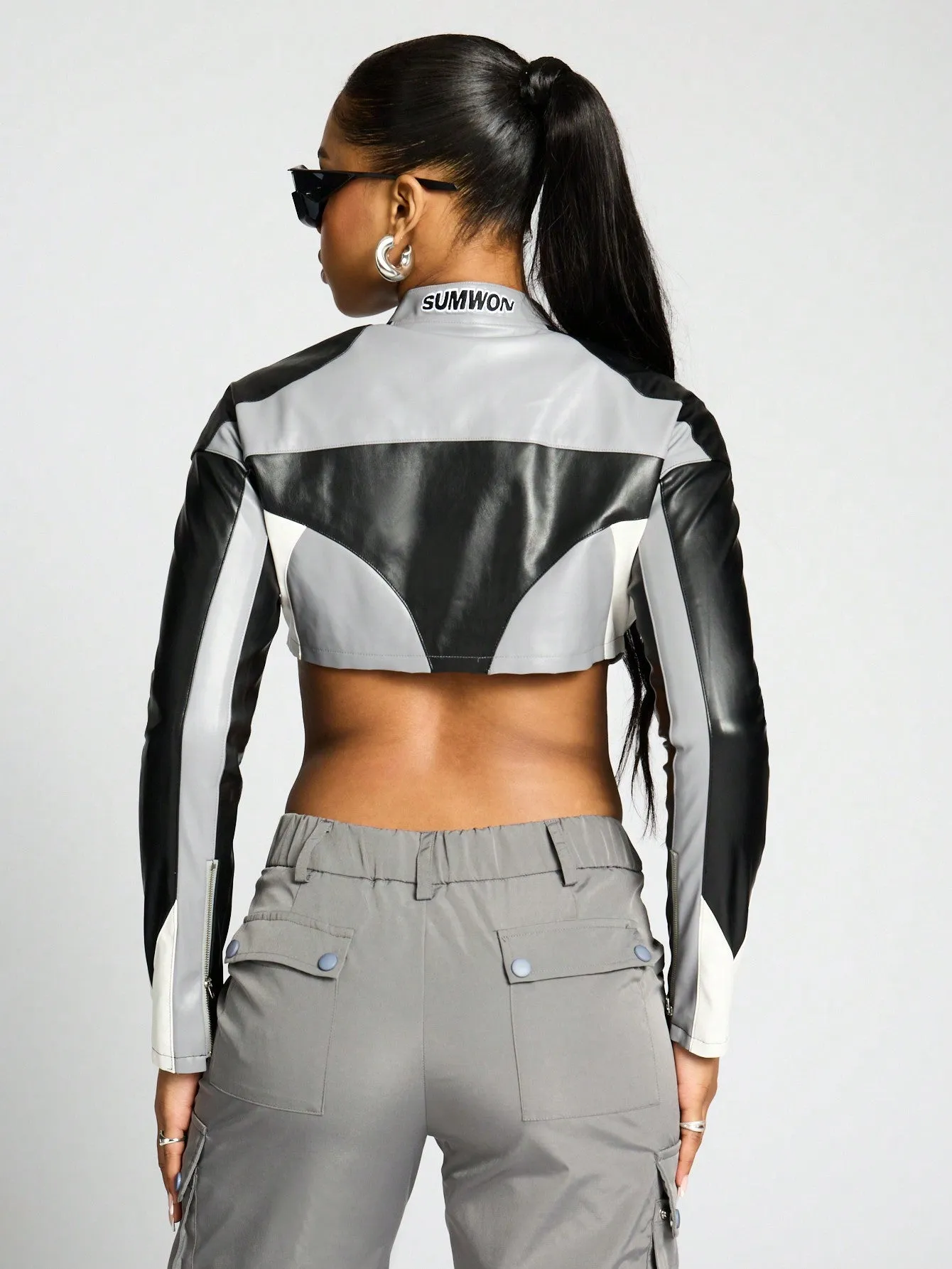 SUMWON WOMEN Colour Block Super Cropped PU Biker Jacket