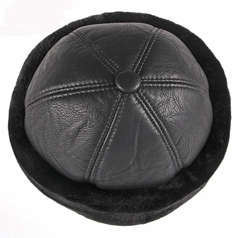 Thick Warm Winter Hat Men Black Fur Leather Russian Bomber Hat Male Windproof Snow Ski Russian Cap Fleece Lined Dad Hat