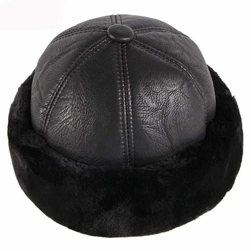 Thick Warm Winter Hat Men Black Fur Leather Russian Bomber Hat Male Windproof Snow Ski Russian Cap Fleece Lined Dad Hat