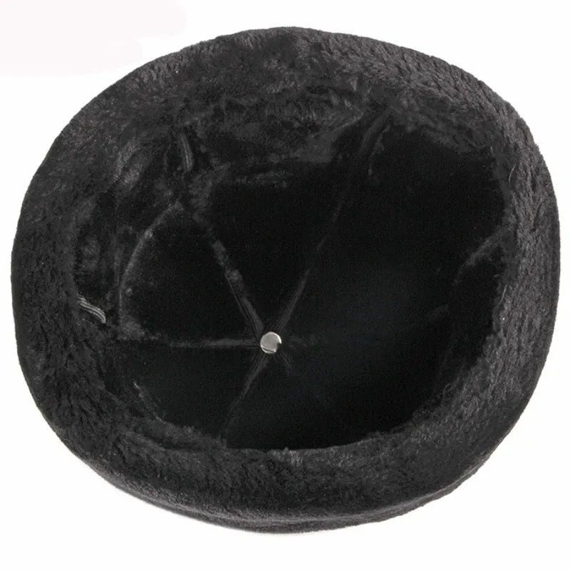 Thick Warm Winter Hat Men Black Fur Leather Russian Bomber Hat Male Windproof Snow Ski Russian Cap Fleece Lined Dad Hat