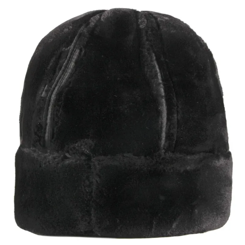 Thick Warm Winter Hat Men Black Fur Leather Russian Bomber Hat Male Windproof Snow Ski Russian Cap Fleece Lined Dad Hat