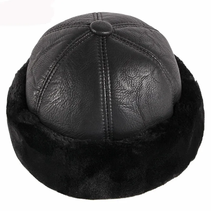 Thick Warm Winter Hat Men Black Fur Leather Russian Bomber Hat Male Windproof Snow Ski Russian Cap Fleece Lined Dad Hat