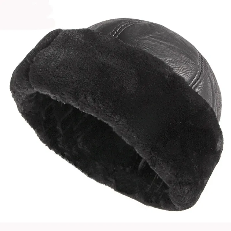 Thick Warm Winter Hat Men Black Fur Leather Russian Bomber Hat Male Windproof Snow Ski Russian Cap Fleece Lined Dad Hat