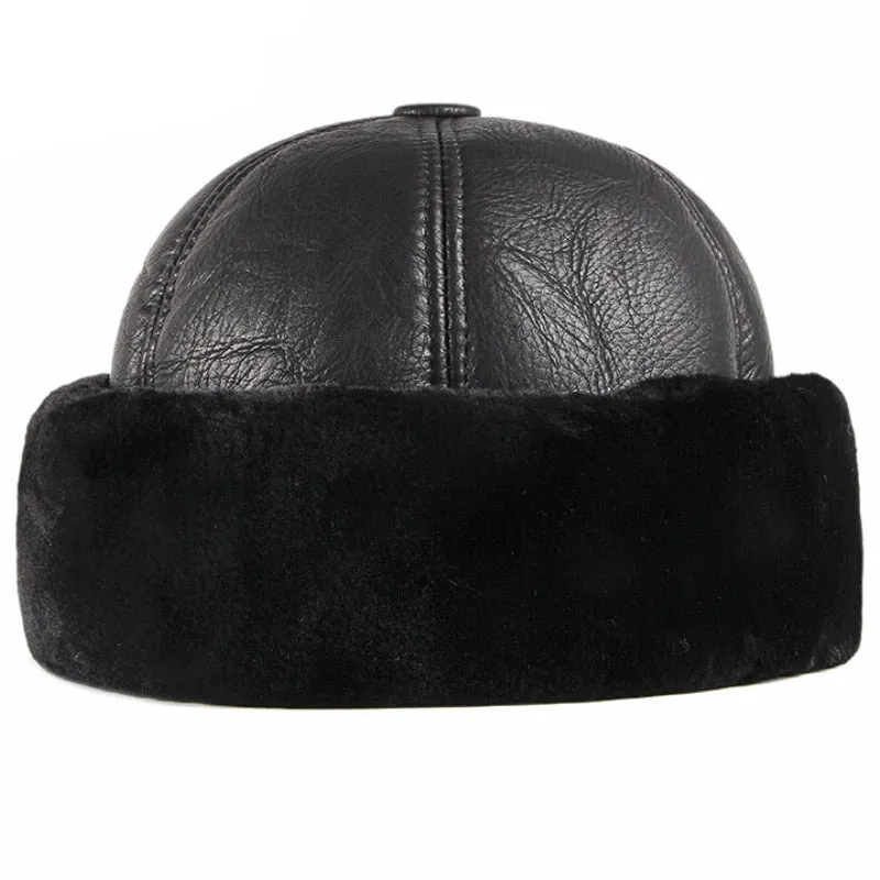 Thick Warm Winter Hat Men Black Fur Leather Russian Bomber Hat Male Windproof Snow Ski Russian Cap Fleece Lined Dad Hat
