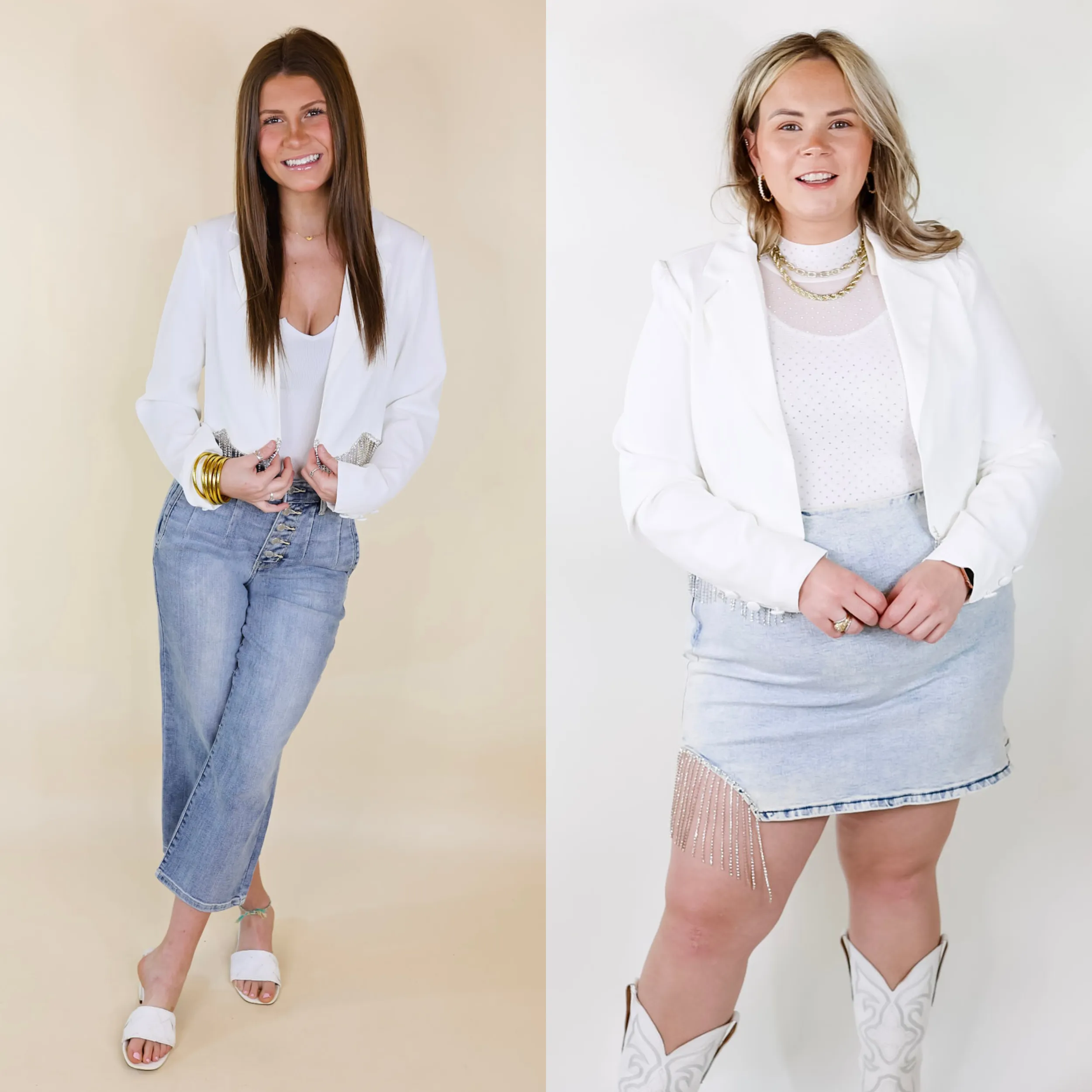 Time For Magic Cropped Blazer with Crystal Fringe Trim in White