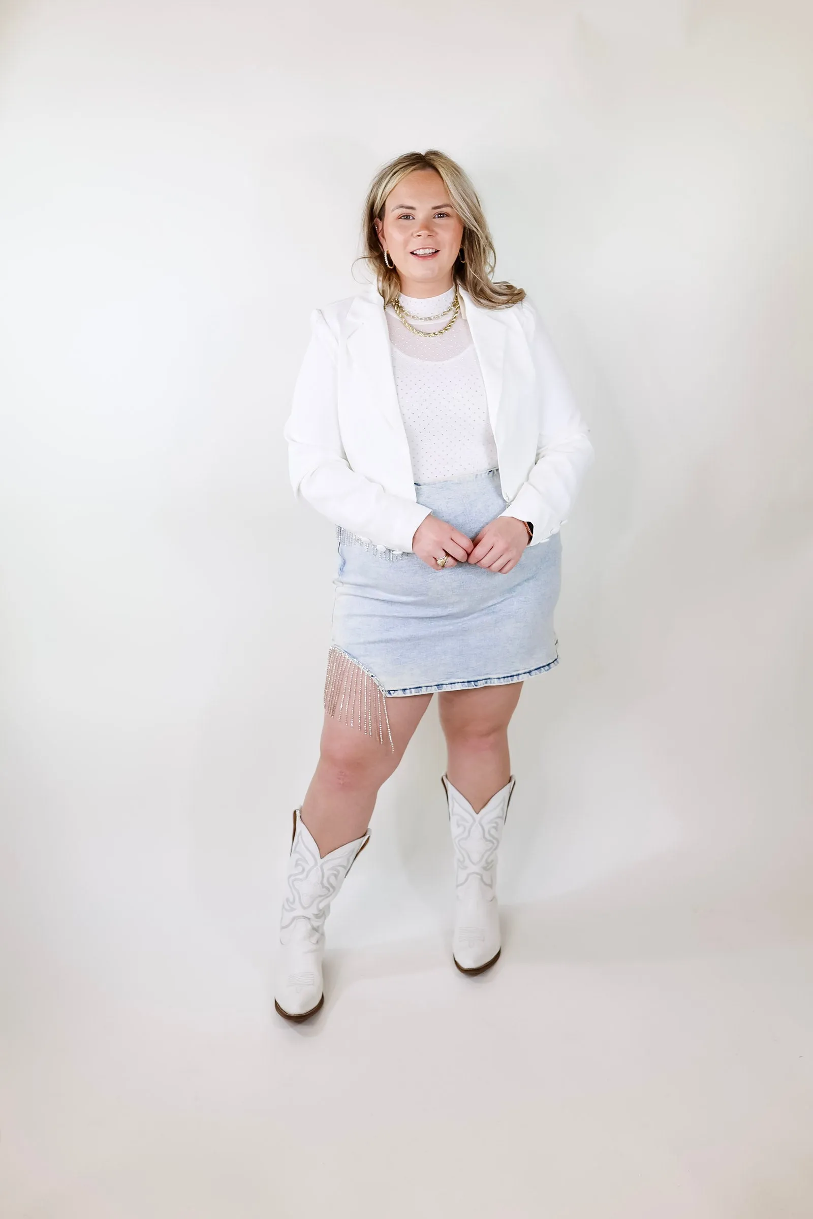 Time For Magic Cropped Blazer with Crystal Fringe Trim in White