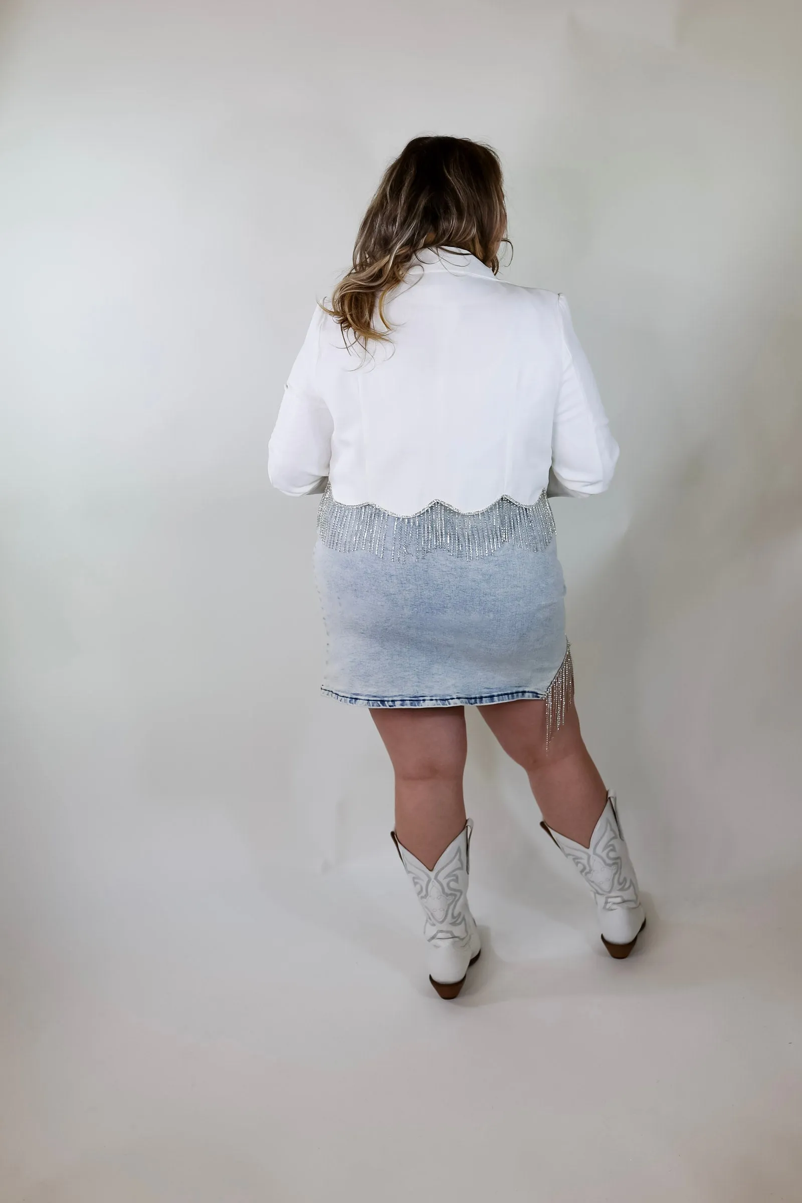 Time For Magic Cropped Blazer with Crystal Fringe Trim in White