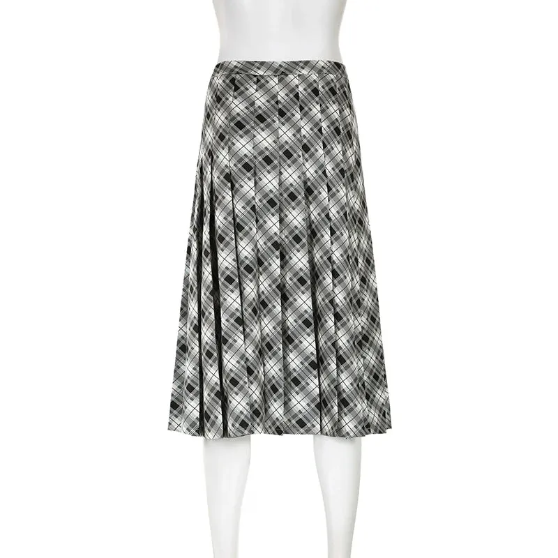 Vintage Fashion Low Rise Midi Plaid Skirt Female Y2K Aesthetic Harajuku Loose Autumn Pleated Skirt 90s Chic Bottoms