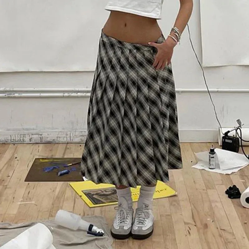 Vintage Fashion Low Rise Midi Plaid Skirt Female Y2K Aesthetic Harajuku Loose Autumn Pleated Skirt 90s Chic Bottoms