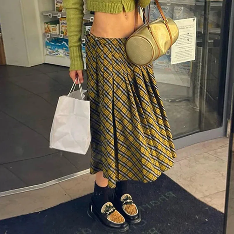Vintage Fashion Low Rise Midi Plaid Skirt Female Y2K Aesthetic Harajuku Loose Autumn Pleated Skirt 90s Chic Bottoms