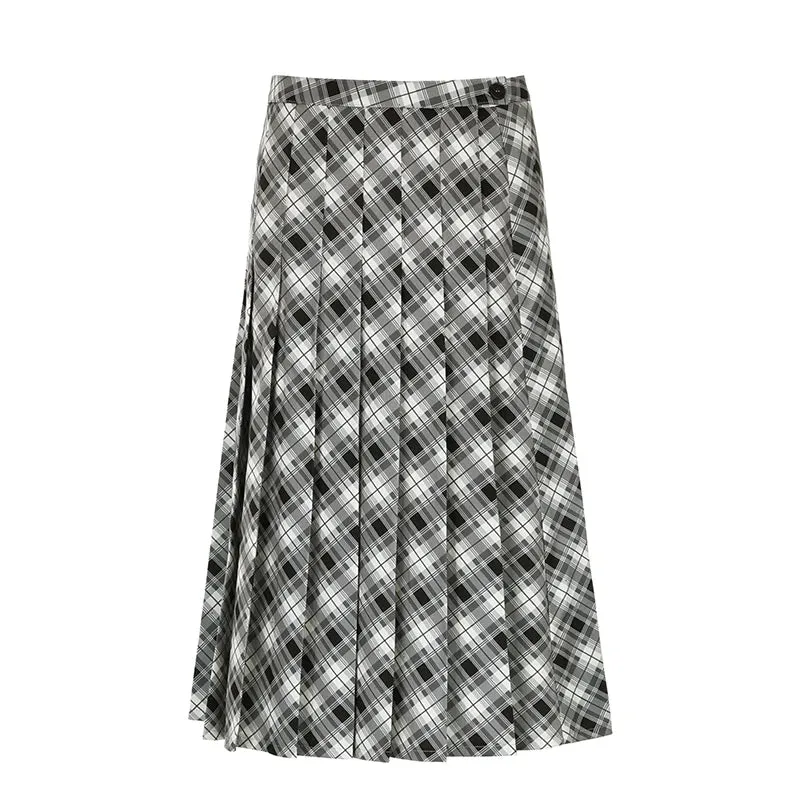 Vintage Fashion Low Rise Midi Plaid Skirt Female Y2K Aesthetic Harajuku Loose Autumn Pleated Skirt 90s Chic Bottoms
