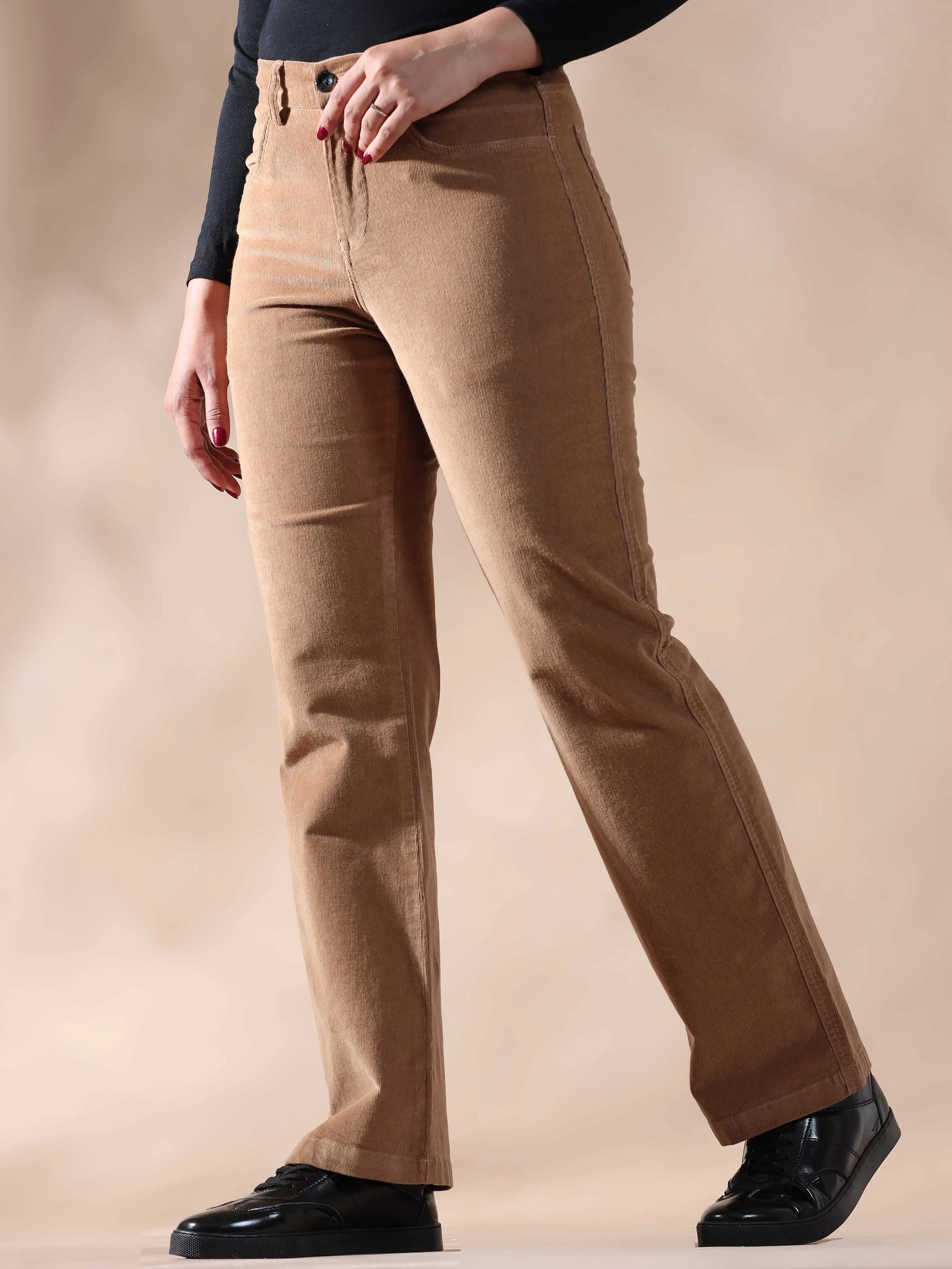 Women Corduroy Trousers- Light Khaki
