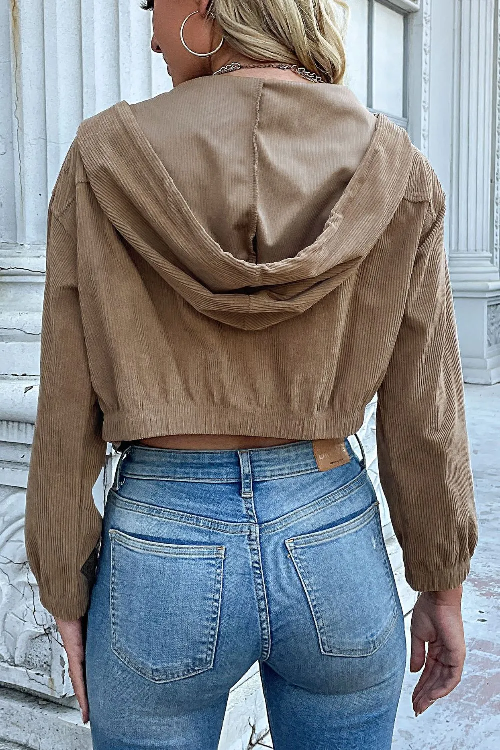 Women's Cropped Corduroy Hooded Zip-Up Jacket
