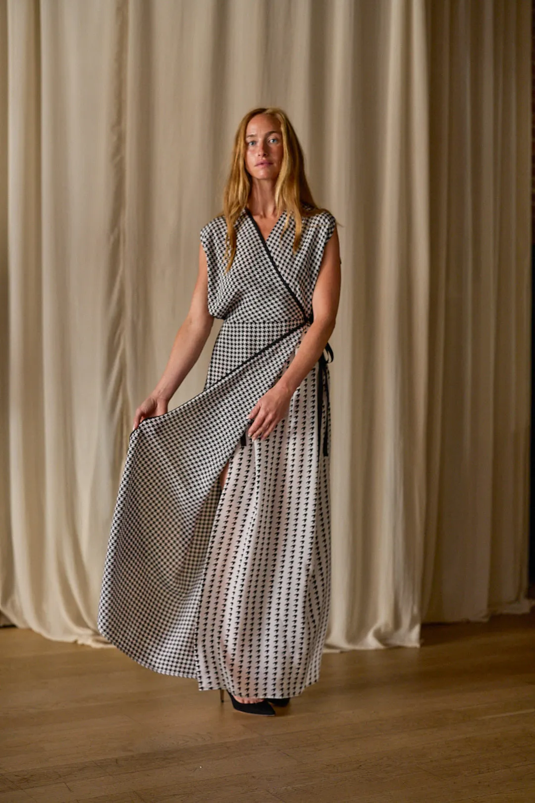 Wrap Dress | Crepe de Chine Custom Houndstooth